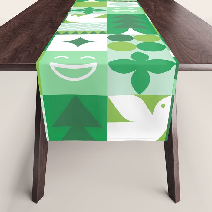 Green eco friendly geometric mosaic art pattern Table Runner Gallery Image 1