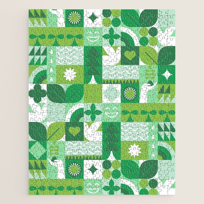 Green eco friendly geometric mosaic art pattern Jigsaw Puzzle Gallery Image 1
