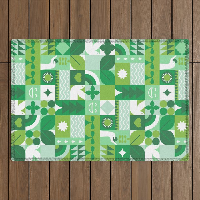 Green eco friendly geometric mosaic art pattern Outdoor Rug Gallery Image 1