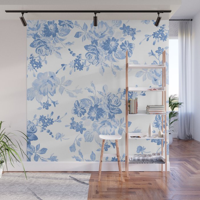 Modern navy blue white watercolor elegant floral Wall Mural Gallery Image 1