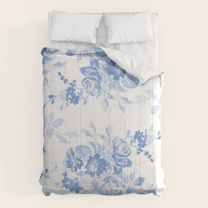 Modern navy blue white watercolor elegant floral Comforter Gallery Image 1