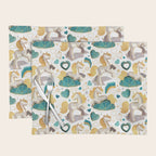 Kicking off some magic // white background white and grey unicorns aqua and mint hearts clouds and rainbows golden lines Placemat Gallery Image 1