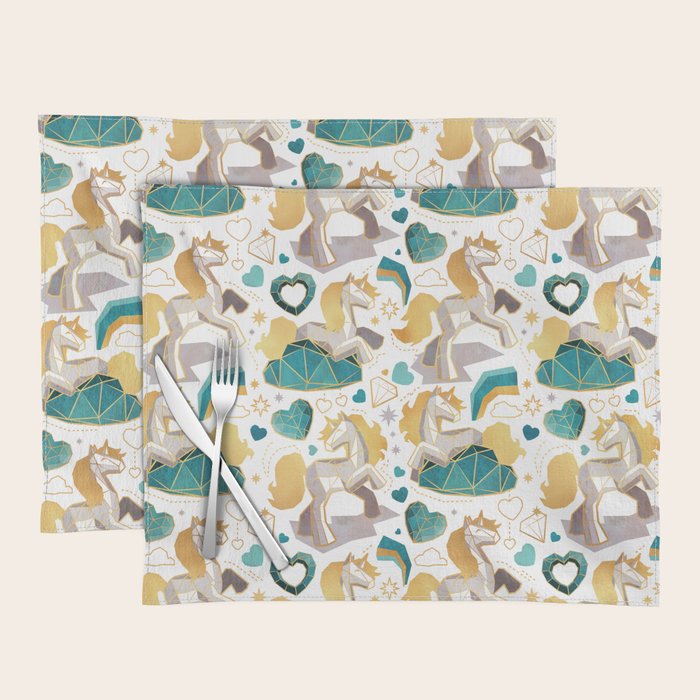 Kicking off some magic // white background white and grey unicorns aqua and mint hearts clouds and rainbows golden lines Placemat Gallery Image 1
