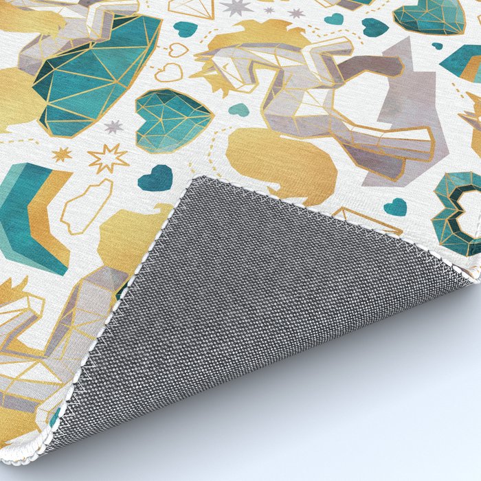 Kicking off some magic // white background white and grey unicorns aqua and mint hearts clouds and rainbows golden lines Rug Gallery Image 4