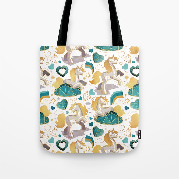 Kicking off some magic // white background white and grey unicorns aqua and mint hearts clouds and rainbows golden lines Tote Bag Gallery Image 1