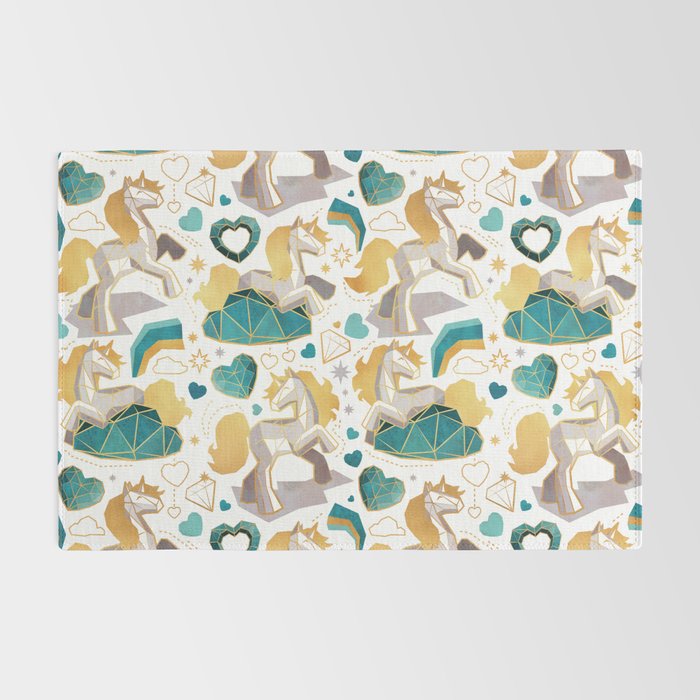 Kicking off some magic // white background white and grey unicorns aqua and mint hearts clouds and rainbows golden lines Rug Gallery Image 2