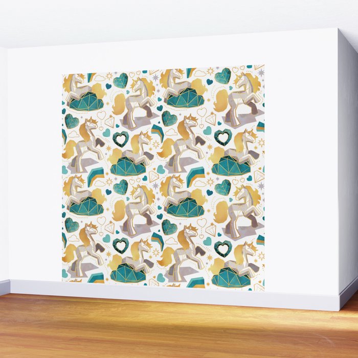 Kicking off some magic // white background white and grey unicorns aqua and mint hearts clouds and rainbows golden lines Wall Mural Gallery Image 2