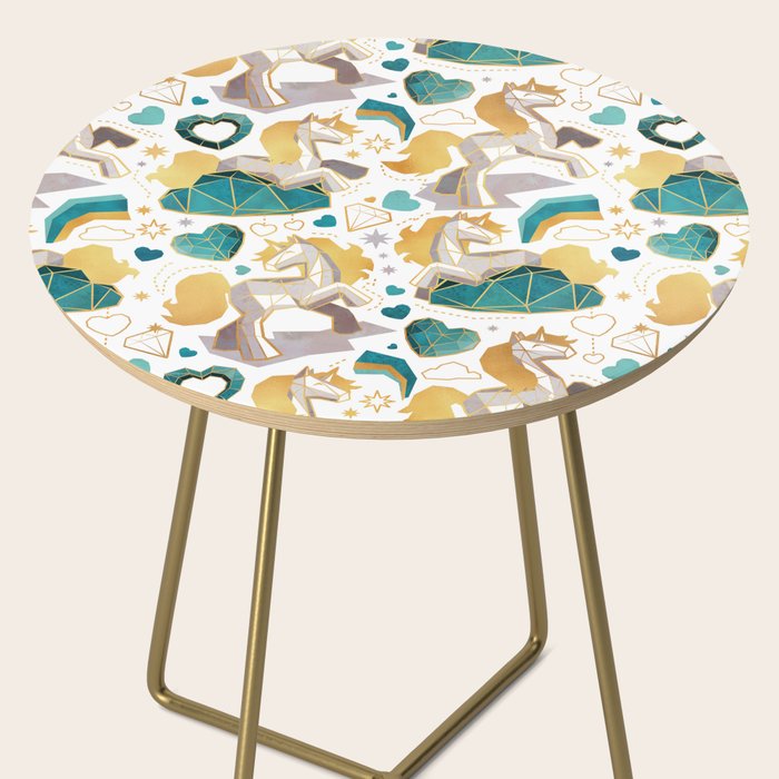 Kicking off some magic // white background white and grey unicorns aqua and mint hearts clouds and rainbows golden lines Side Table Gallery Image 2