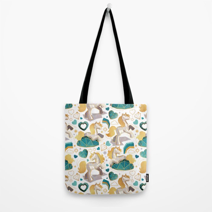 Kicking off some magic // white background white and grey unicorns aqua and mint hearts clouds and rainbows golden lines Tote Bag Gallery Image 2