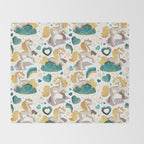 Kicking off some magic // white background white and grey unicorns aqua and mint hearts clouds and rainbows golden lines Throw Blanket Gallery Image 2