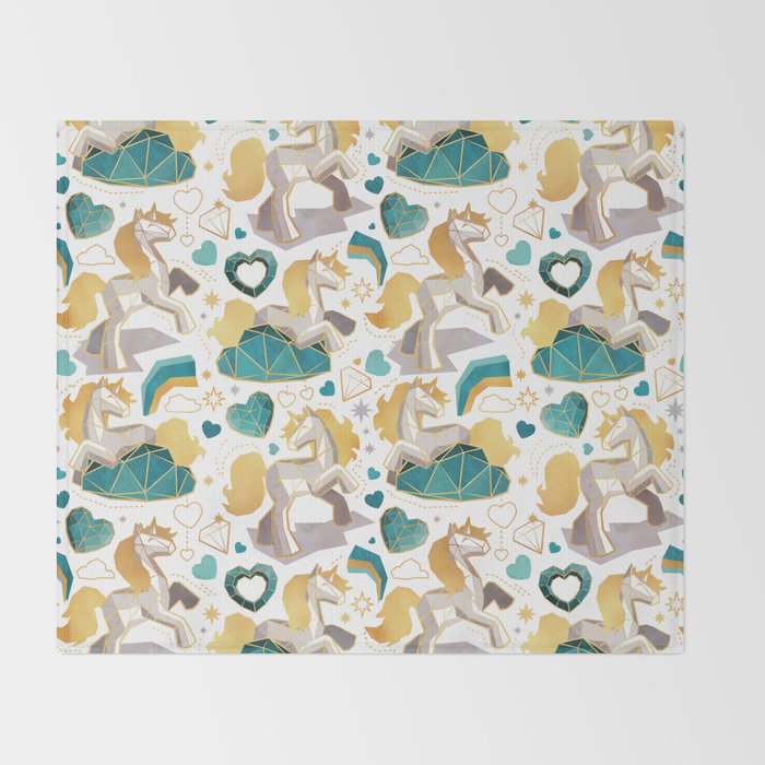 Kicking off some magic // white background white and grey unicorns aqua and mint hearts clouds and rainbows golden lines Throw Blanket Gallery Image 2