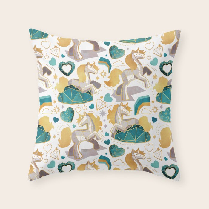 Kicking off some magic // white background white and grey unicorns aqua and mint hearts clouds and rainbows golden lines Throw Pillow Gallery Image 1