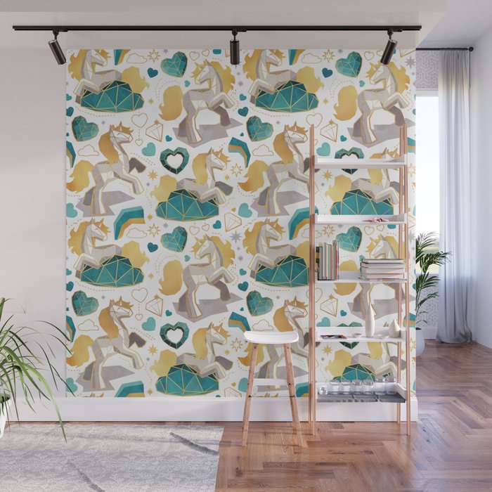 Kicking off some magic // white background white and grey unicorns aqua and mint hearts clouds and rainbows golden lines Wall Mural Gallery Image 1
