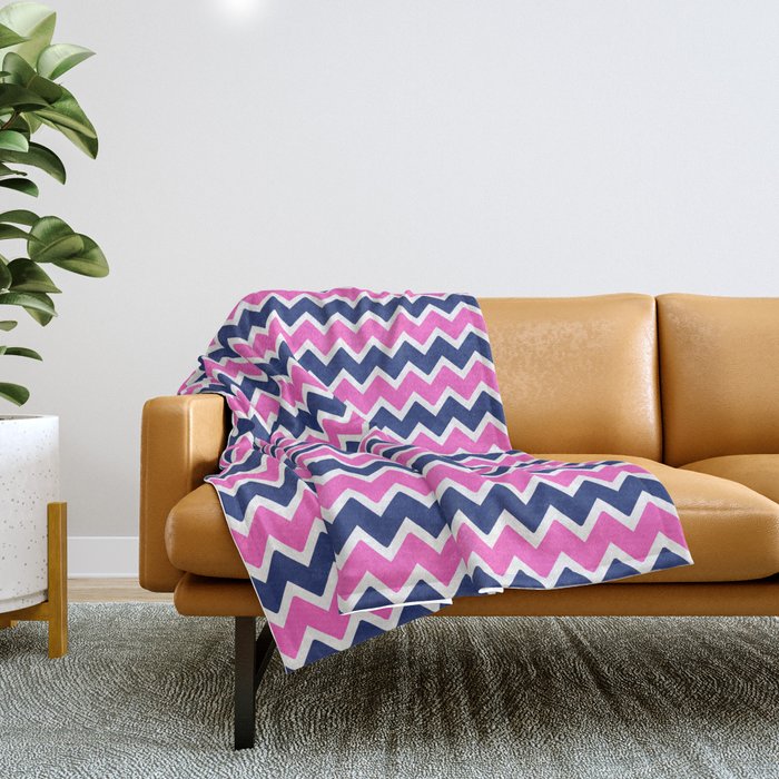 Hot Pink and Navy Blue Chevron Throw Blanket Gallery Image 1
