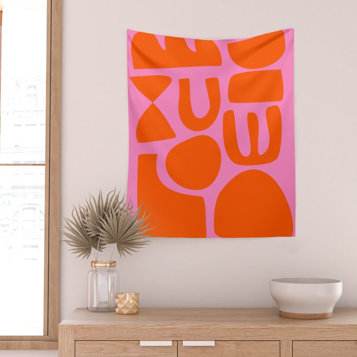 Orange Shapes on Pink Wall Tapestry Gallery Image 2