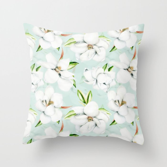 Hygge Magnolia Watercolor Pastel Flowers Throw Pillow Gallery Image 1