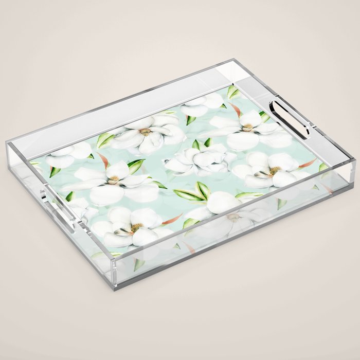 Hygge Magnolia Watercolor Pastel Flowers Acrylic Tray Gallery Image 1