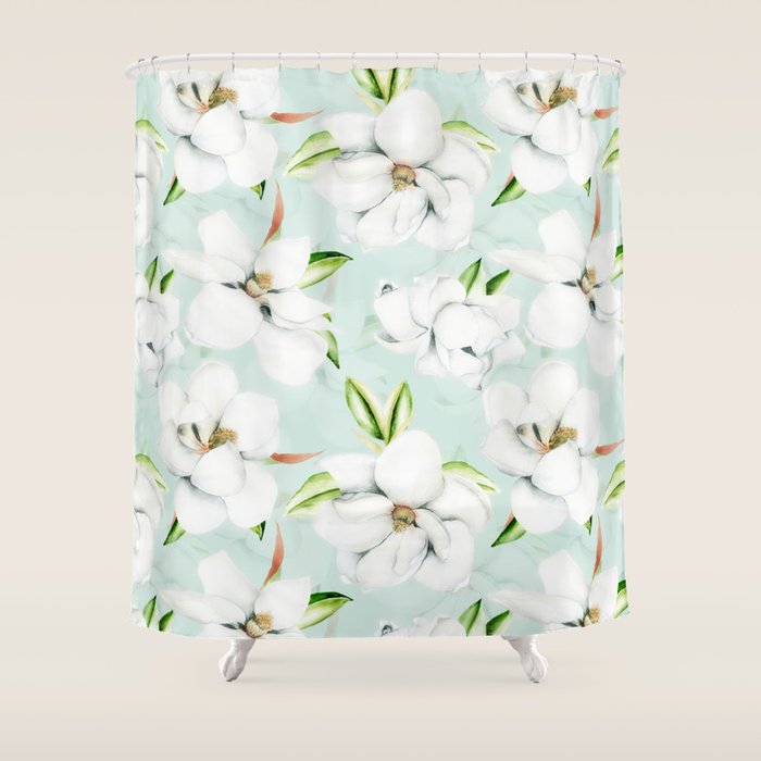 Hygge Magnolia Watercolor Pastel Flowers Shower Curtain Gallery Image 1