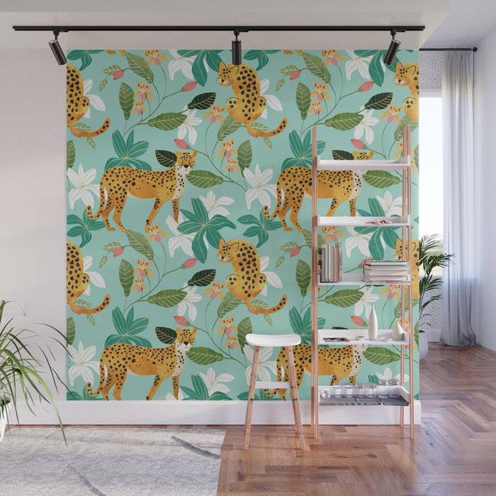 Cheetah Jungle, Wildlife Nature Wild Cats Tigers Leopard Botanical Animals Mint Quirky Illustration Wall Mural Gallery Image 1