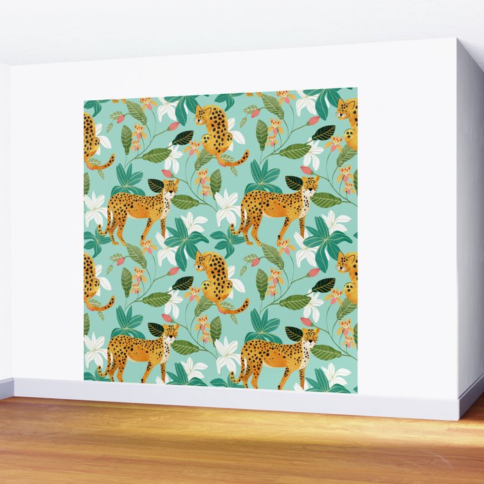 Cheetah Jungle, Wildlife Nature Wild Cats Tigers Leopard Botanical Animals Mint Quirky Illustration Wall Mural Gallery Image 2