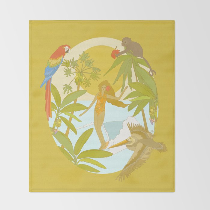 Pura vida jungle by the sea // retro surf art by surfy birdy Throw Blanket Gallery Image 2