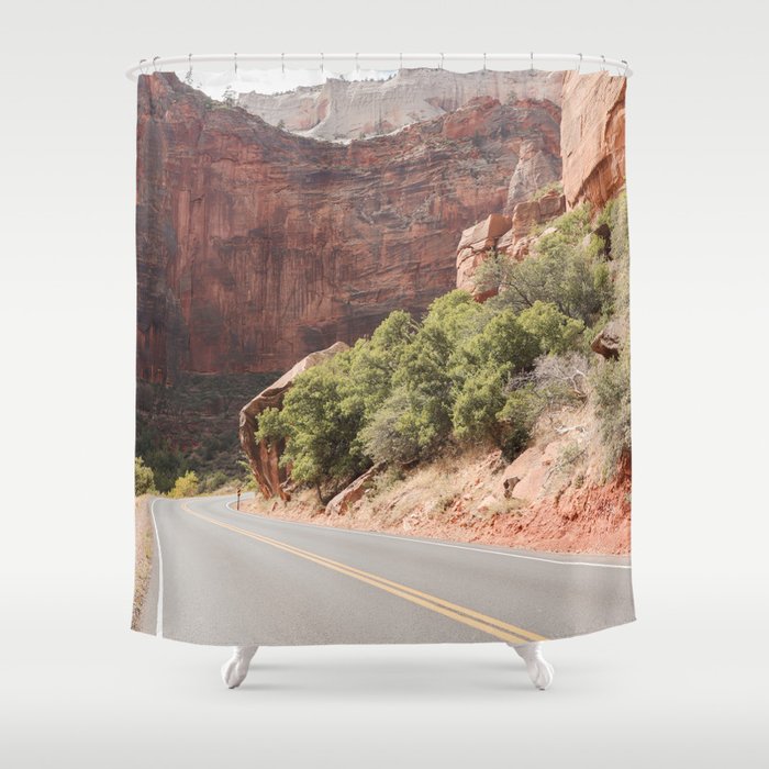 Road Trough Zion National Park Photo | Colors Of Utah Landscape Art Print | USA Travel Photography Shower Curtain Gallery Image 1