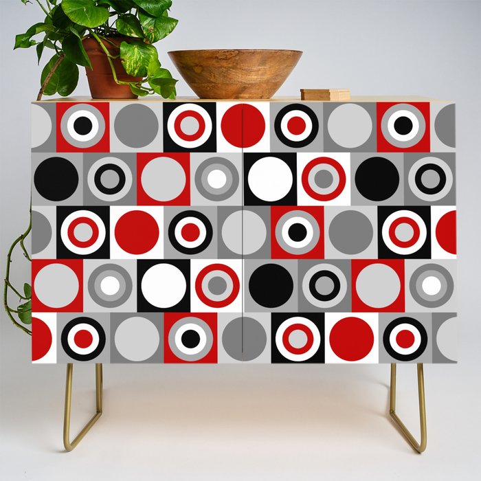 Mid Century Modern Geometric Square and Circle Pattern // Red, Gray, Black and White Credenza Gallery Image 1