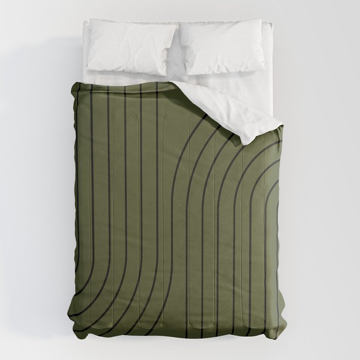 Minimal Line Curvature XVIII Dark Green Mid Century Modern Arch Abstract Comforter Gallery Image 6