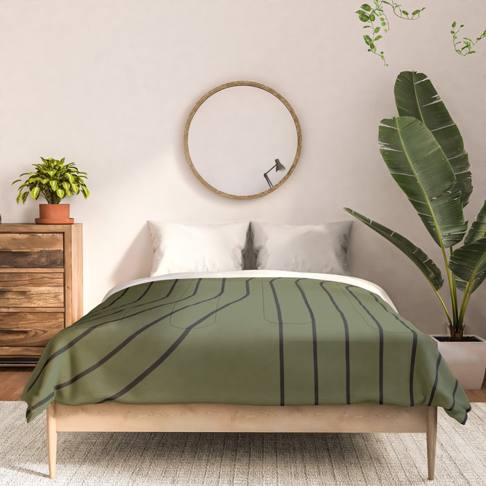 Minimal Line Curvature XVIII Dark Green Mid Century Modern Arch Abstract Comforter Gallery Image 3