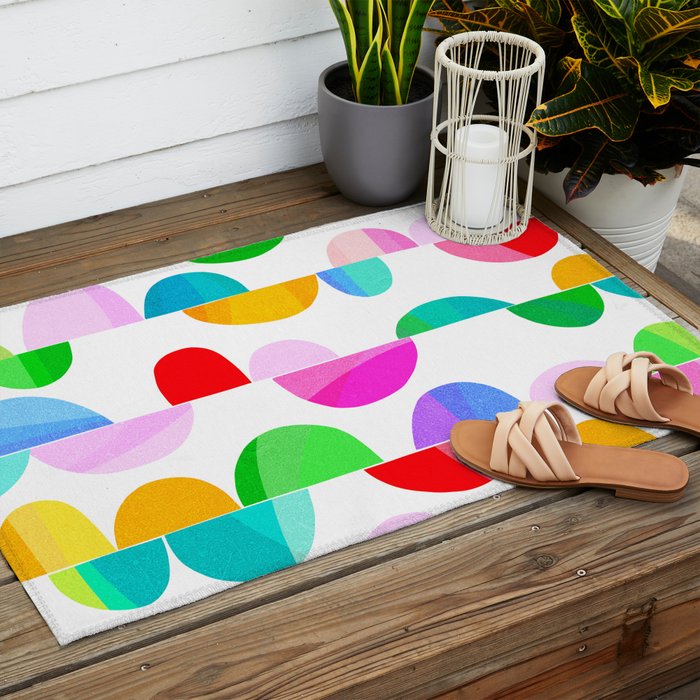 Mid Century Abstract cut-out Pebbles 1. Colourful Outdoor Rug Gallery Image 2