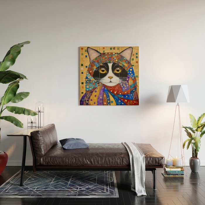 Gustav Klimt Cat with Colorful Scarf Wood Wall Art Gallery Image 2