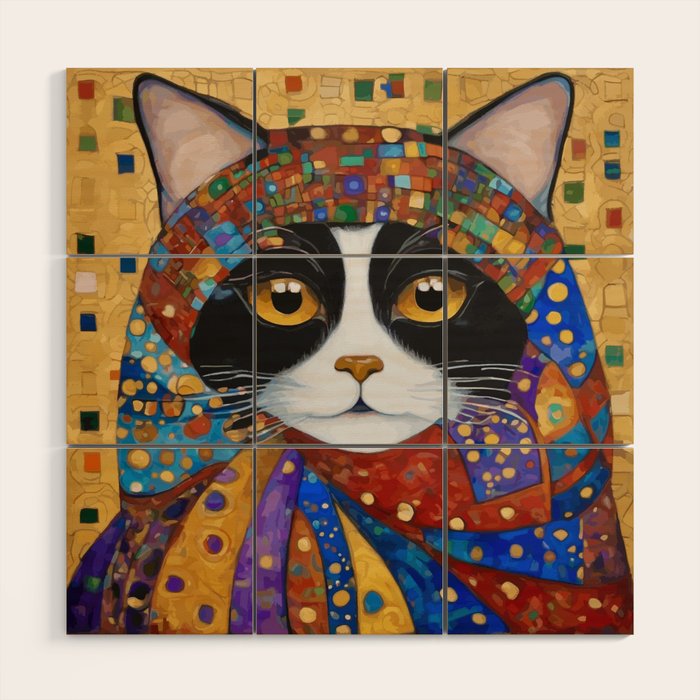 Gustav Klimt Cat with Colorful Scarf Wood Wall Art Gallery Image 1