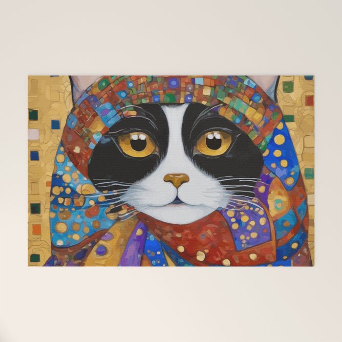 Gustav Klimt Cat with Colorful Scarf Welcome Mat Gallery Image 1
