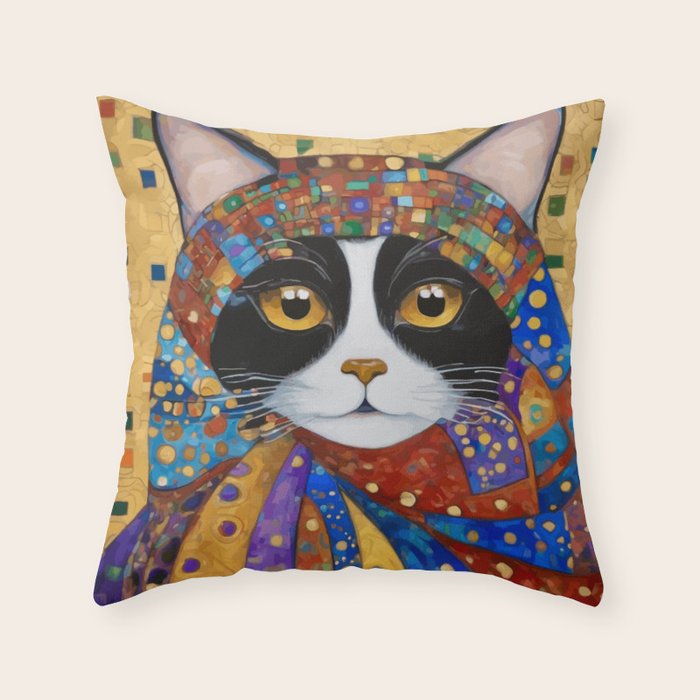 Gustav Klimt Cat with Colorful Scarf Throw Pillow Gallery Image 6