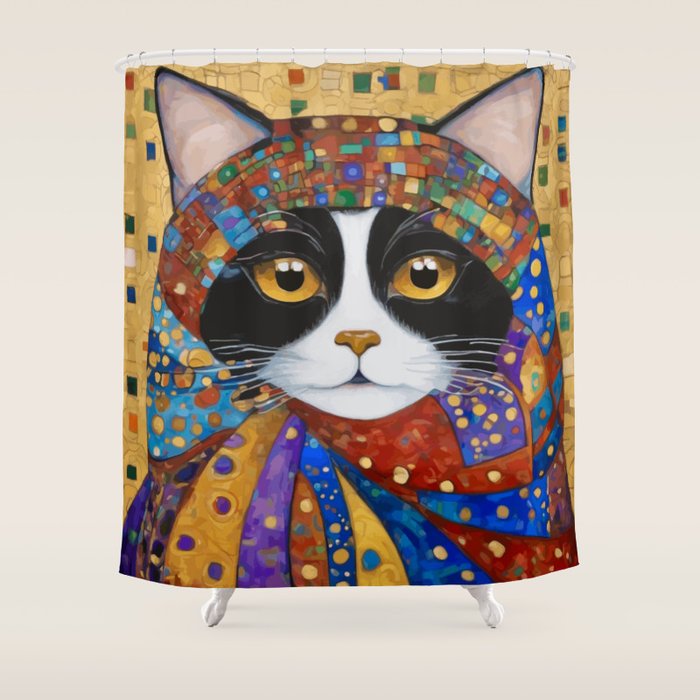 Gustav Klimt Cat with Colorful Scarf Shower Curtain Gallery Image 1
