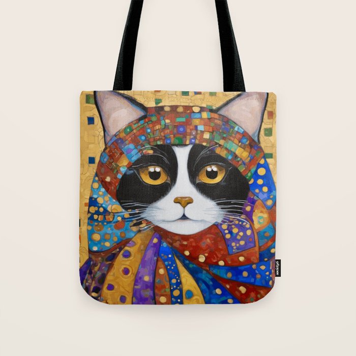 Gustav Klimt Cat with Colorful Scarf Tote Bag Gallery Image 1