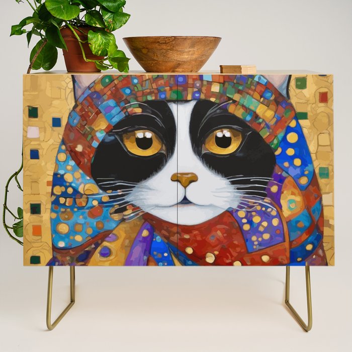 Gustav Klimt Cat with Colorful Scarf Credenza Gallery Image 1