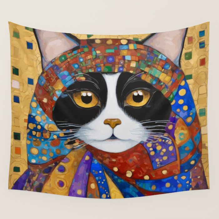 Gustav Klimt Cat with Colorful Scarf Wall Tapestry Gallery Image 1