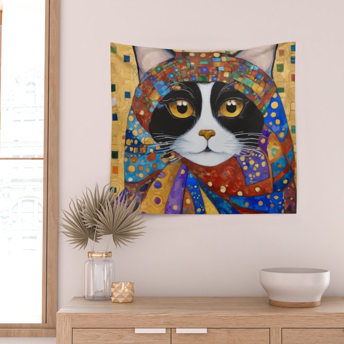 Gustav Klimt Cat with Colorful Scarf Wall Tapestry Gallery Image 2
