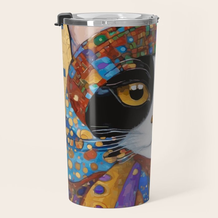 Gustav Klimt Cat with Colorful Scarf Travel Mug Gallery Image 3