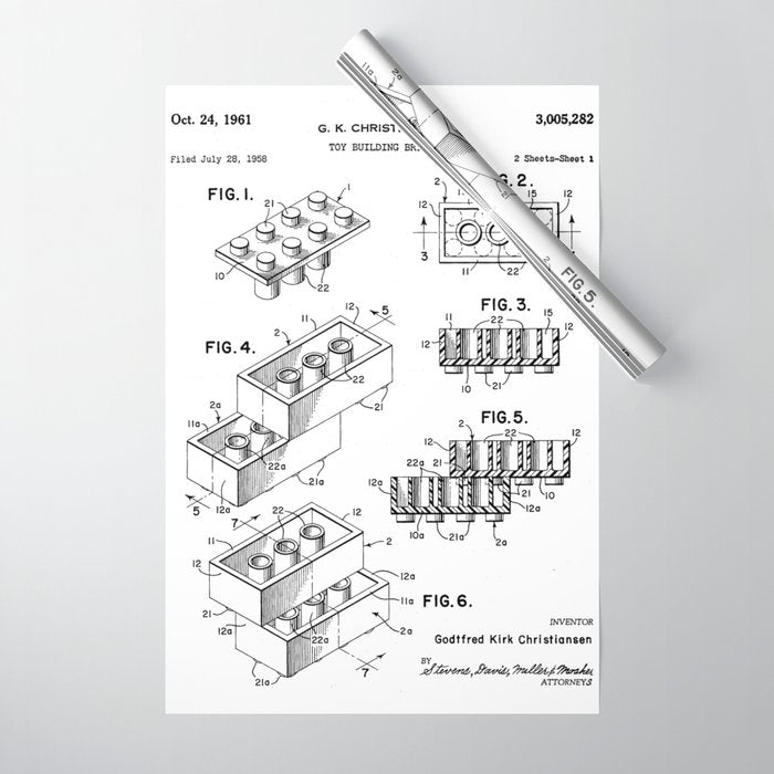 Legos Patent - Legos Brick Art - Black And White Wrapping Paper Gallery Image 1