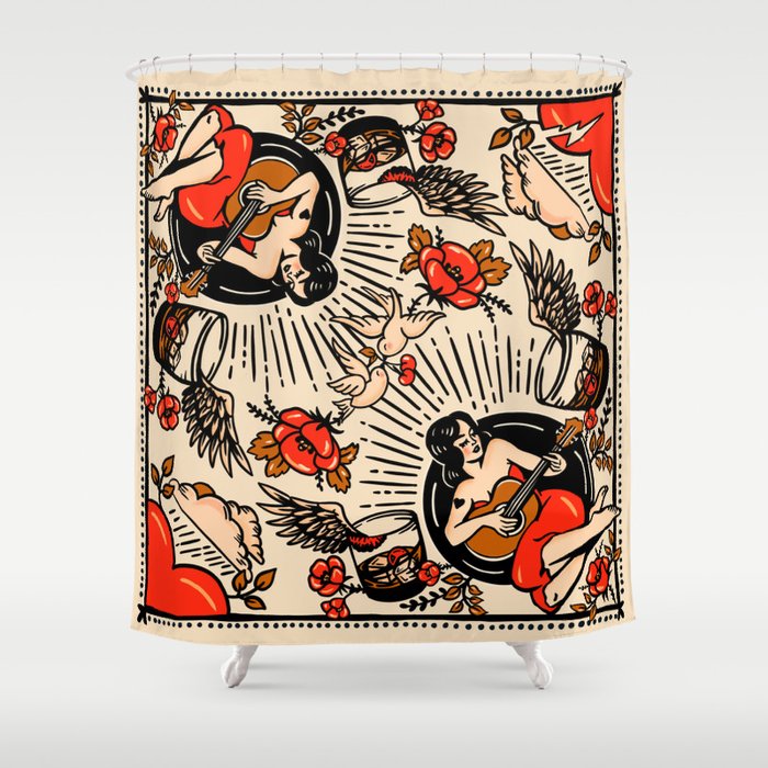 Whiskey & Lyrics Pattern Featuring A Pinup Girl Playing Guitar, Red Version Shower Curtain Gallery Image 1