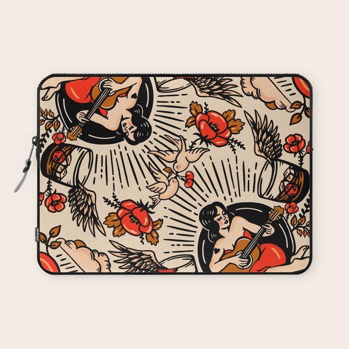 Whiskey & Lyrics Pattern Featuring A Pinup Girl Playing Guitar, Red Version Laptop Sleeve Gallery Image 1