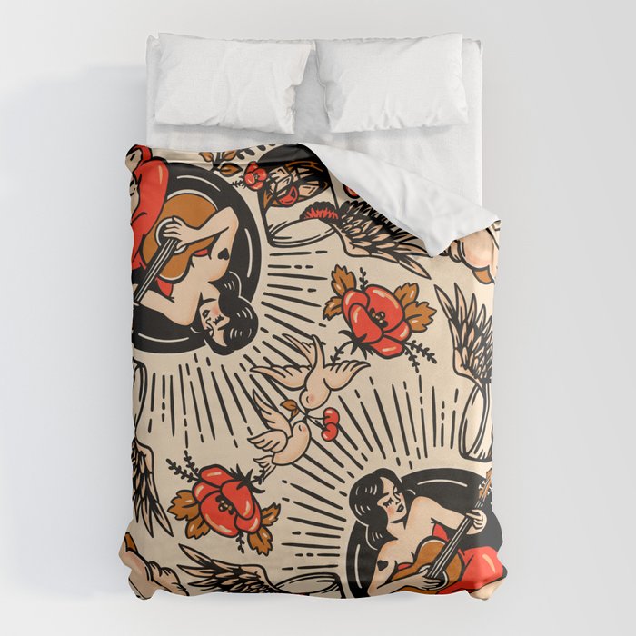 Whiskey & Lyrics Pattern Featuring A Pinup Girl Playing Guitar, Red Version Duvet Cover Gallery Image 6