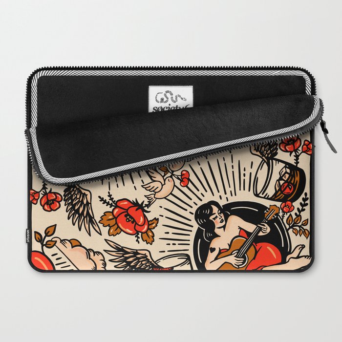 Whiskey & Lyrics Pattern Featuring A Pinup Girl Playing Guitar, Red Version Laptop Sleeve Gallery Image 2