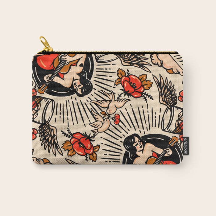 Whiskey & Lyrics Pattern Featuring A Pinup Girl Playing Guitar, Red Version Carry All Pouch Gallery Image 1