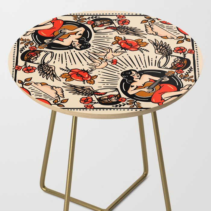 Whiskey & Lyrics Pattern Featuring A Pinup Girl Playing Guitar, Red Version Side Table Gallery Image 2