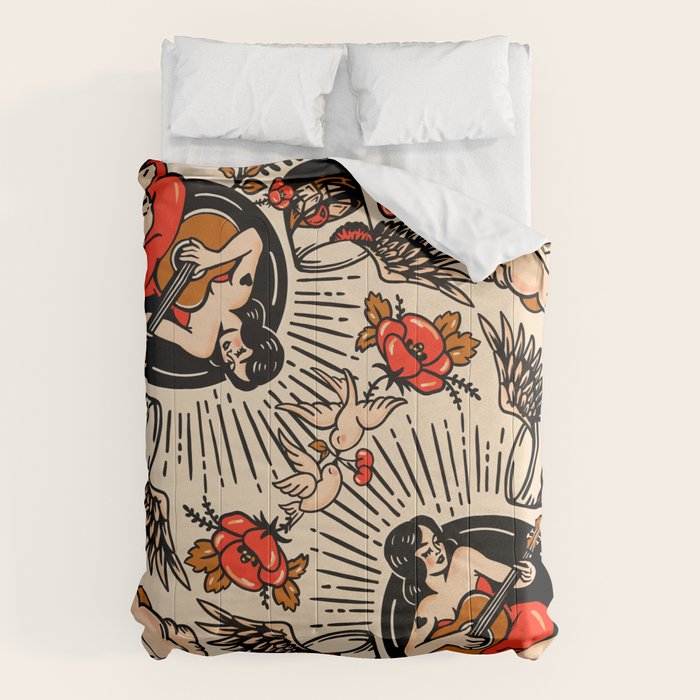 Whiskey & Lyrics Pattern Featuring A Pinup Girl Playing Guitar, Red Version Comforter Gallery Image 6