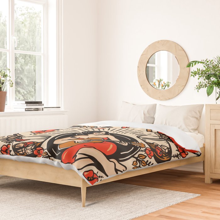 Whiskey & Lyrics Pattern Featuring A Pinup Girl Playing Guitar, Red Version Duvet Cover Gallery Image 2