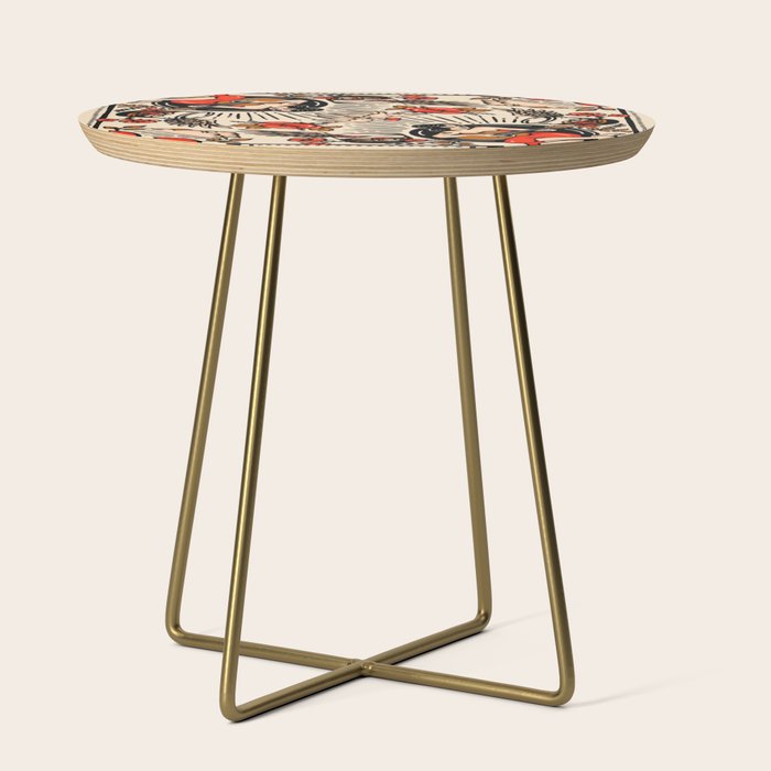 Whiskey & Lyrics Pattern Featuring A Pinup Girl Playing Guitar, Red Version Side Table Gallery Image 1